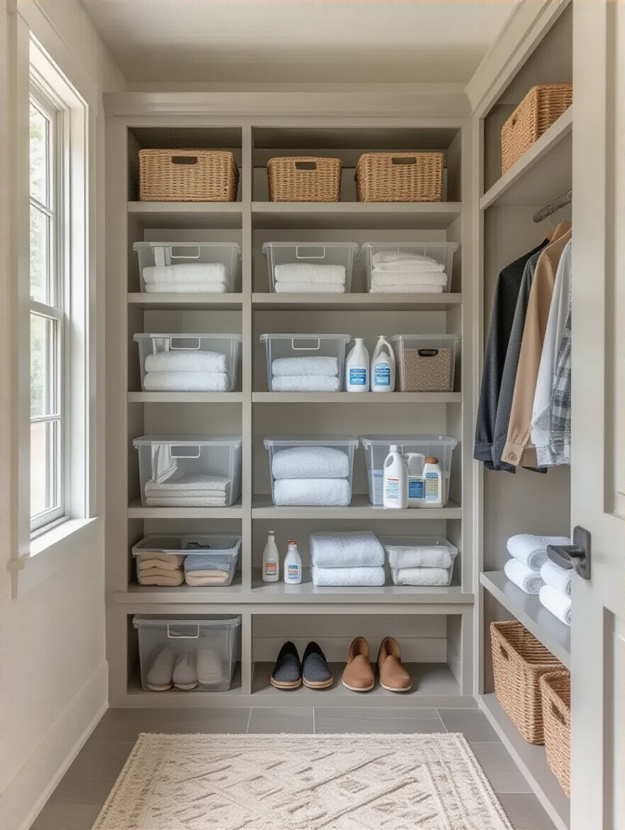 Mudroom laundry with tall stackable shelves and labeled bins