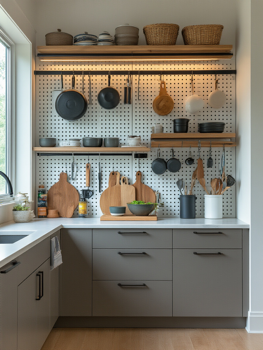Modern kitchen wall with pegboard and hanging racks for vertical storage displaying organized kitchen utensils and cookware