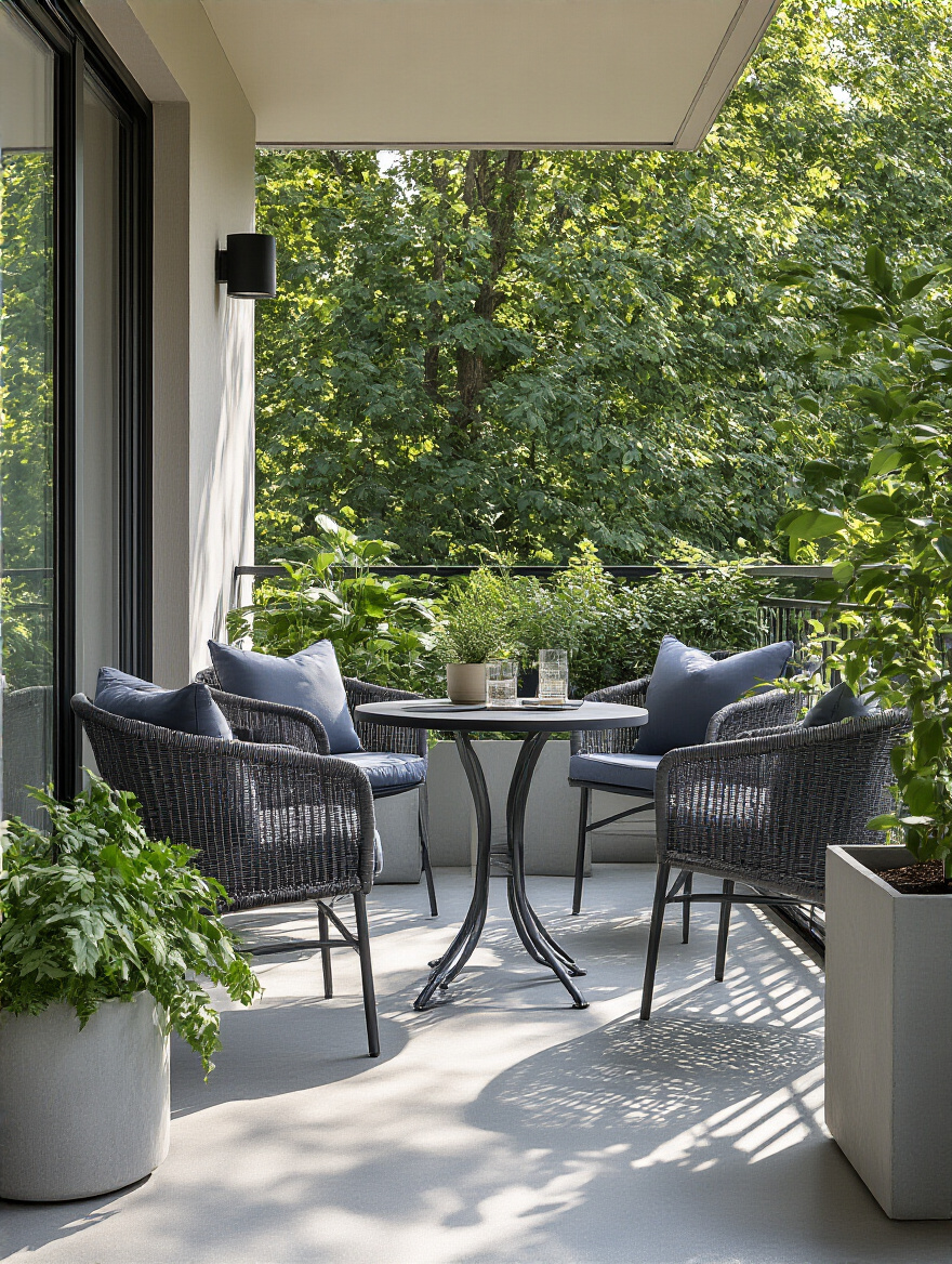 Small balcony with weatherproof furniture and decor including marine-grade aluminum chairs, synthetic rattan, and concrete planters under soft morning light