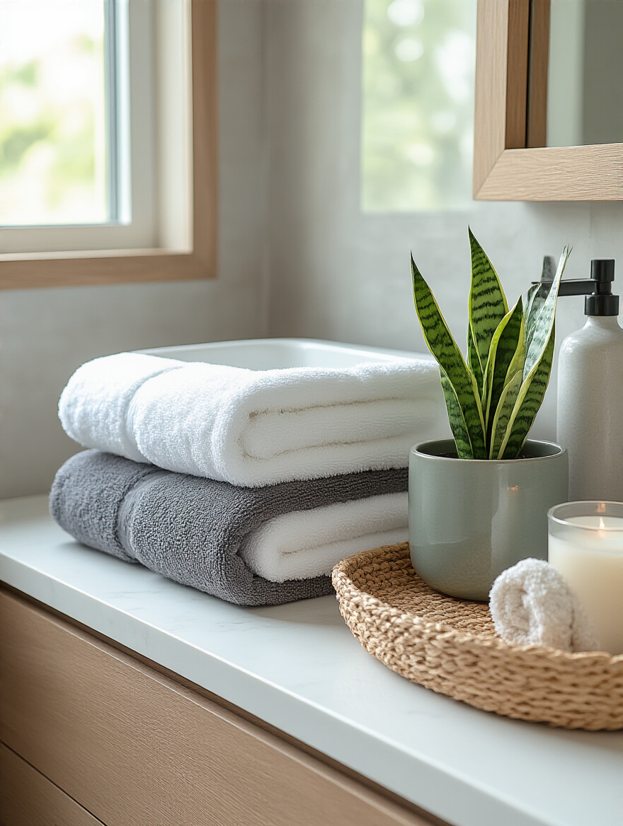 Modern bathroom vanity styled with plush charcoal and white towels, a snake plant, woven basket, and candle, highlighting thoughtful decor and textiles.