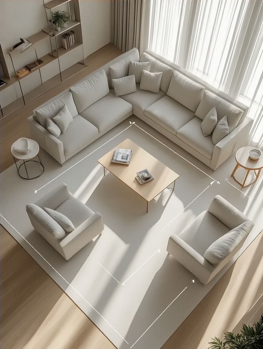 Overhead view of a living room floor with subtle, light grey outlines mapping out furniture placement and pathways for an optimized living room layout.