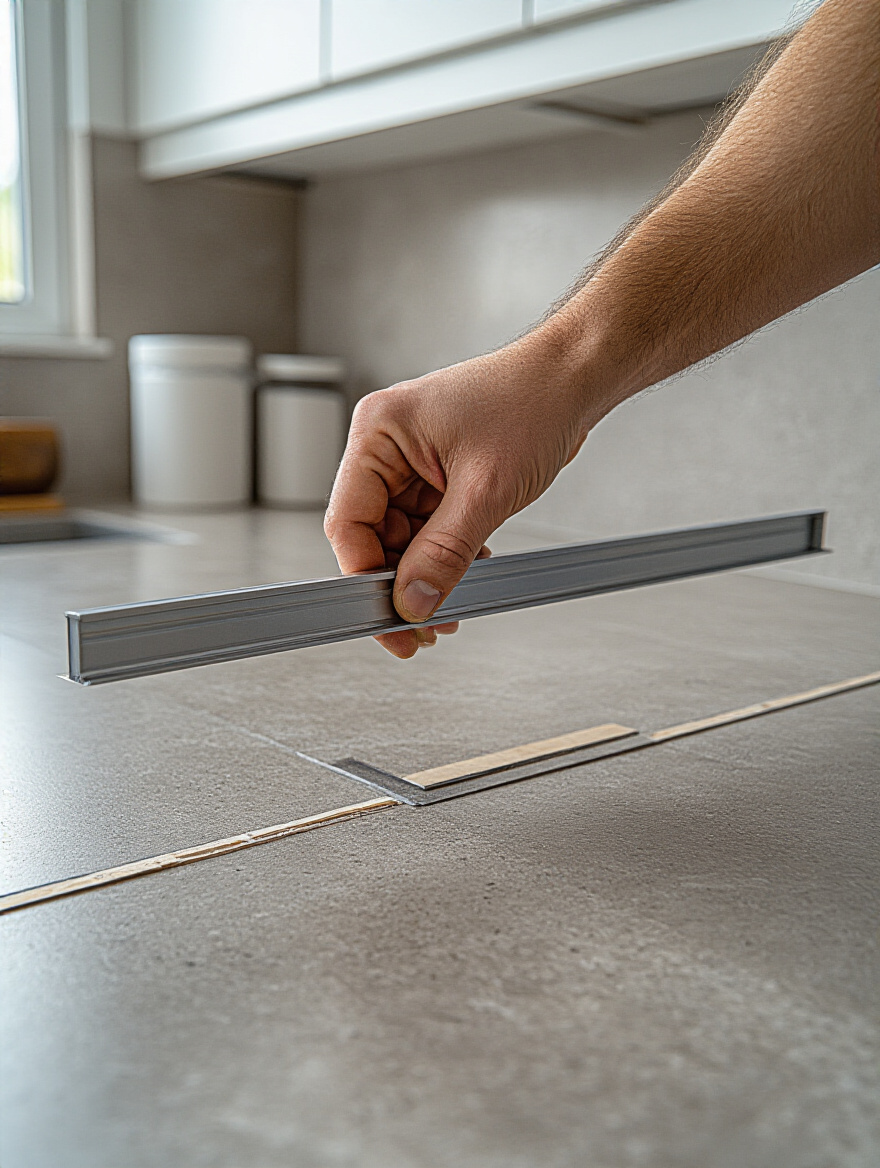 Contemporary kitchen backsplash measurement preparation, a hand meticulously aligning a builder's square against the wall, ensuring precise corners for tile installation.