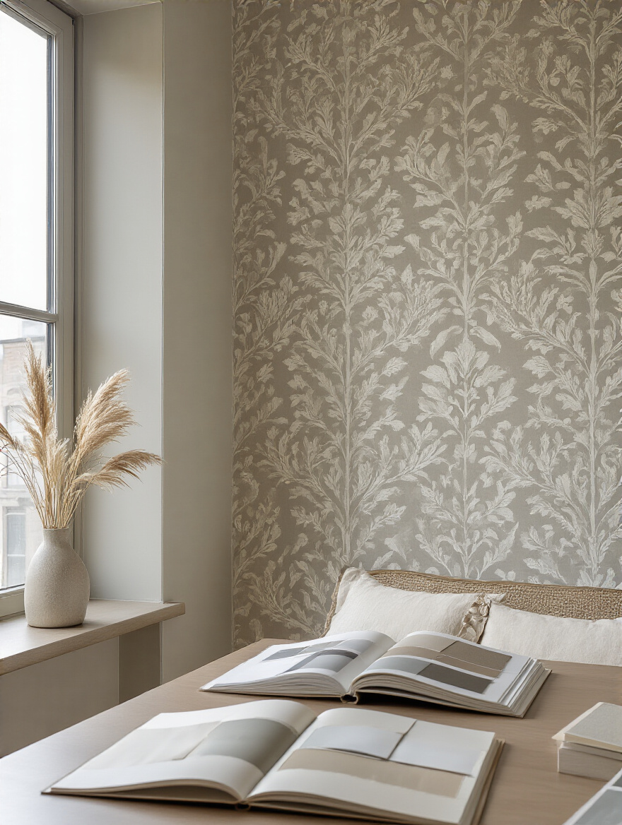 Portrait of a modern bedroom accent wall with wallpaper swatches and planning layout