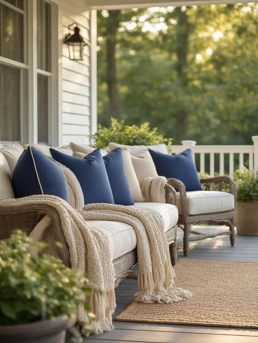Front porch with navy, cream, and taupe cushions and a knit throw on seating.