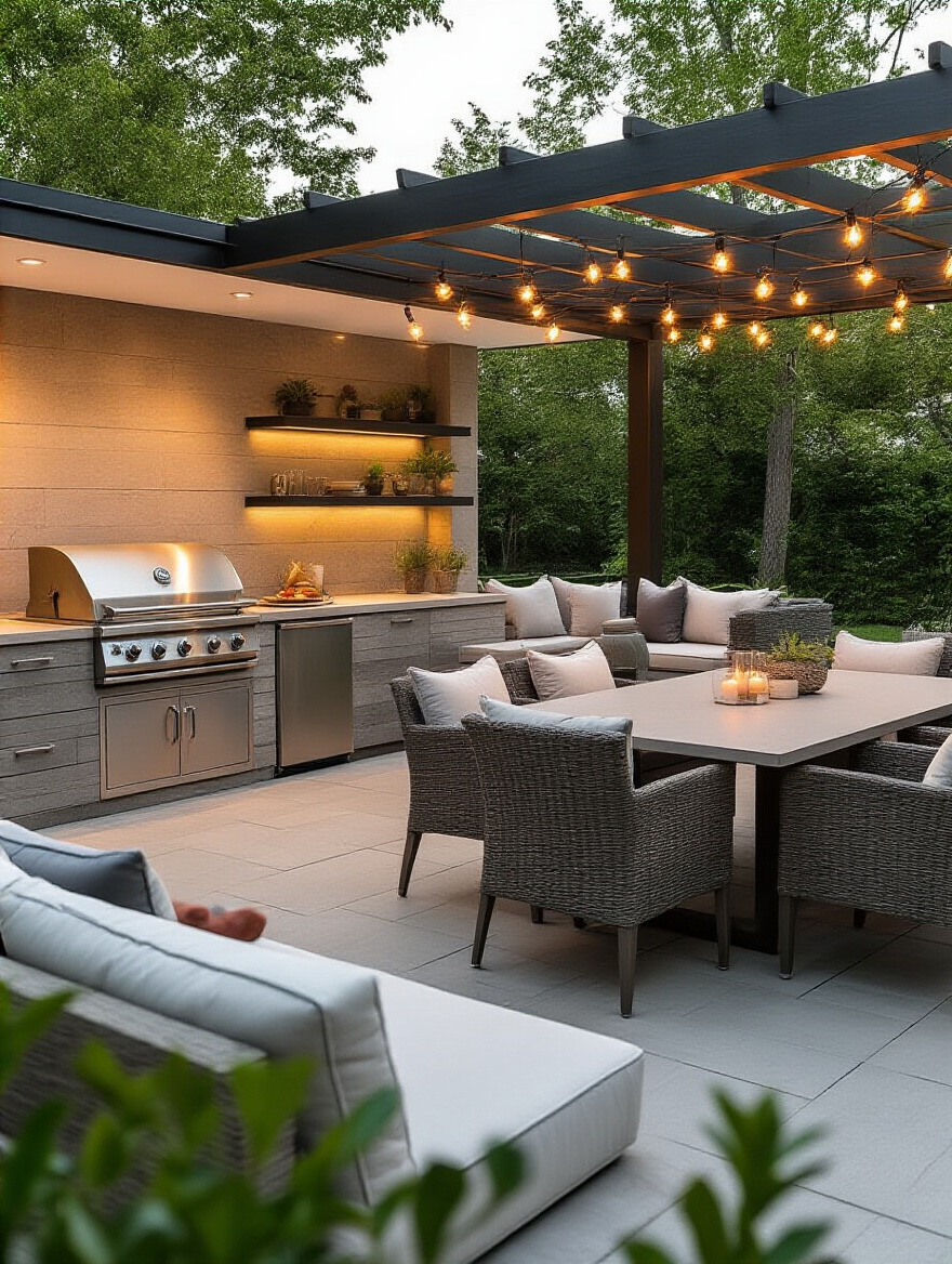 Outdoor kitchen with integrated, purpose-built seating and dining areas, lounge space, and elegant dining table under a pergola with ambient lighting.