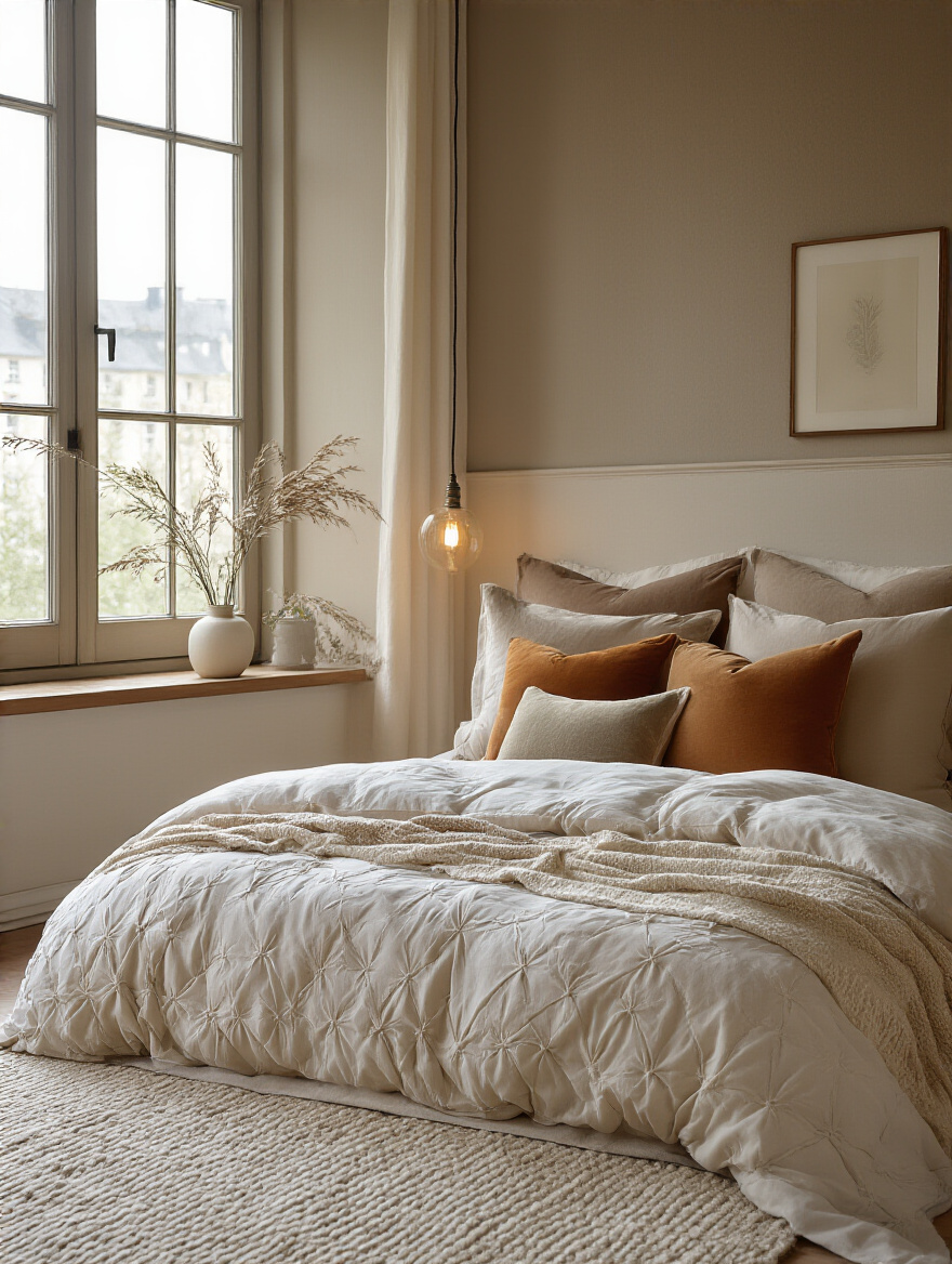 Layered decorative pillows on a plush bed in a cozy bedroom