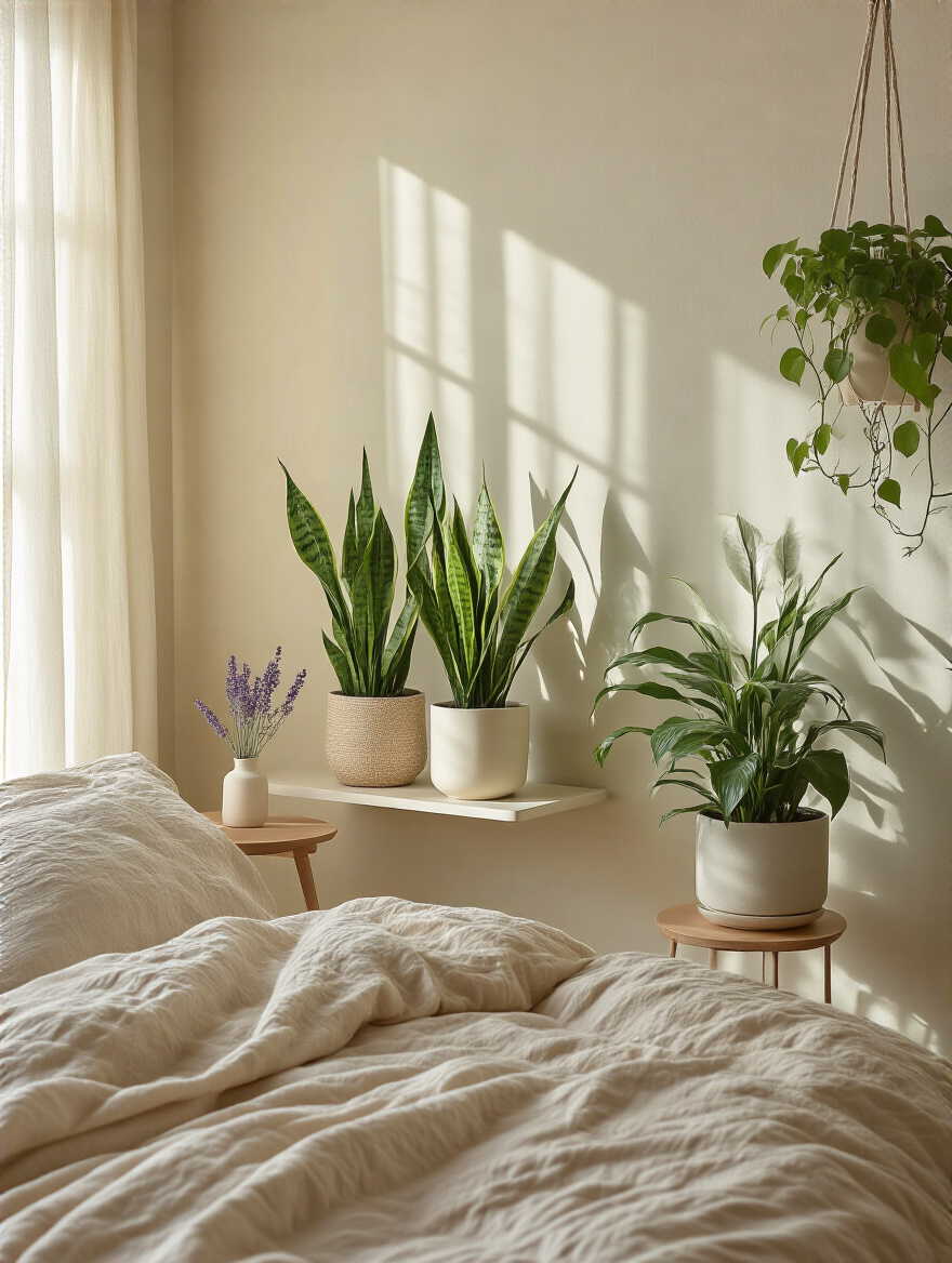 A cozy bedroom corner with a group of live plants on shelves and a bedside table.