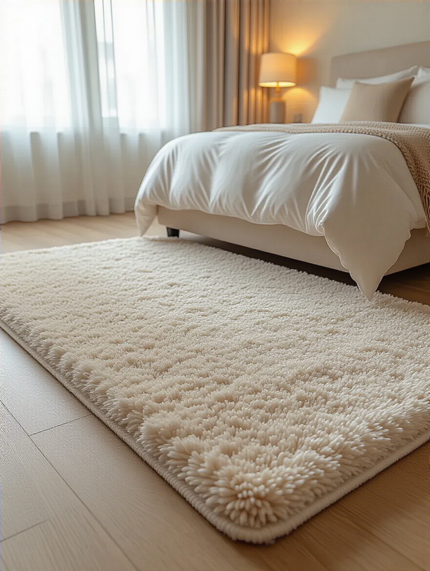 Cozy bedroom with a plush area rug under the bed and warm lighting