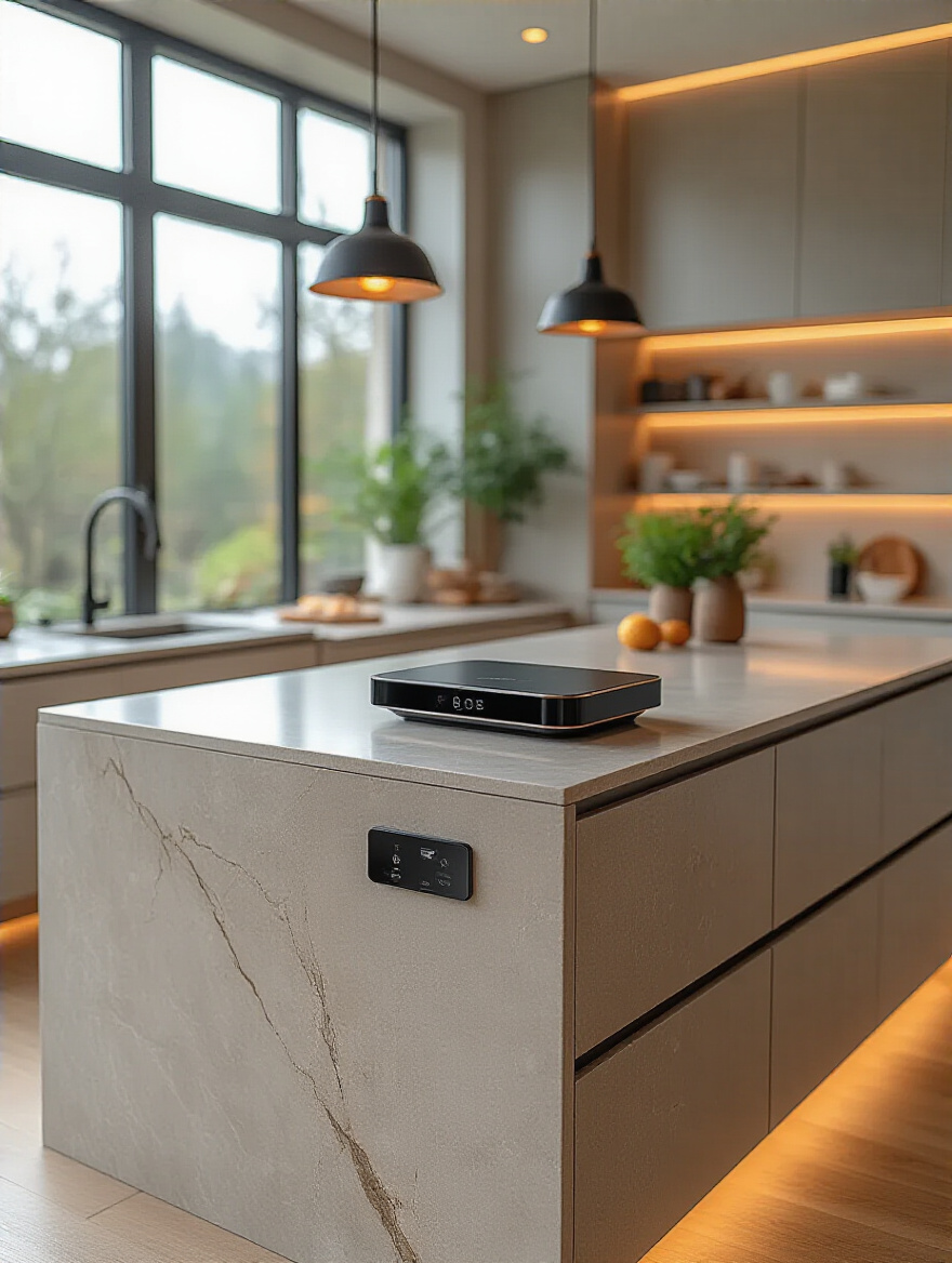 Portrait of a modern kitchen with smart home hub and ambient lighting