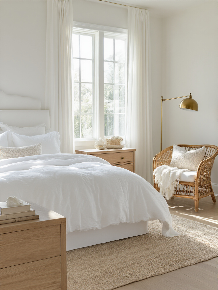 Luxurious white bedroom featuring a light oak wood dresser, natural rattan accent chair, and a brushed brass floor lamp, adding warmth and contrast.