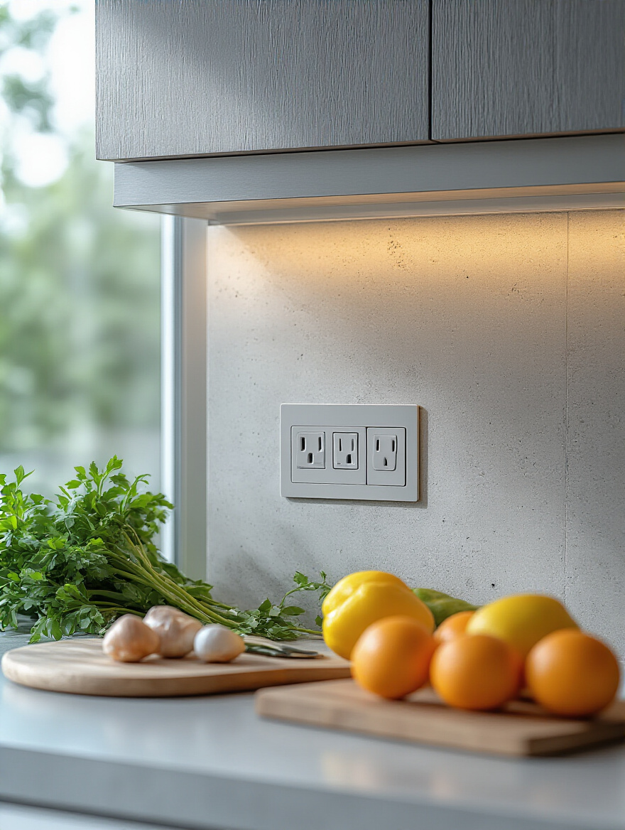 Contemporary kitchen backsplash with a perfectly color-matched, screwless electrical outlet and switch integrated seamlessly into light grey polished concrete tiles.