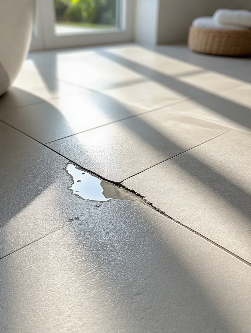 Close-up of a small crack in bathroom floor grout with a tiny water bead, emphasizing urgent bathroom flooring repair.