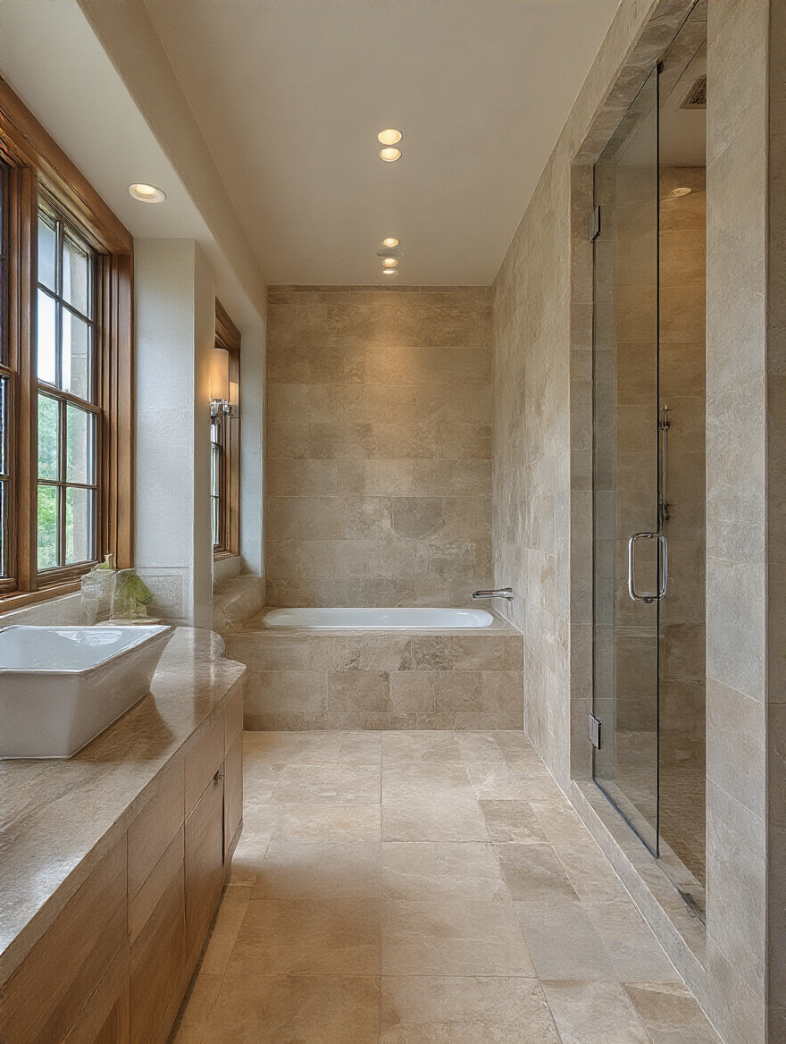 Luxurious bathroom interior showing stone surfaces and chrome fixtures, illustrating smart cleaning principles.