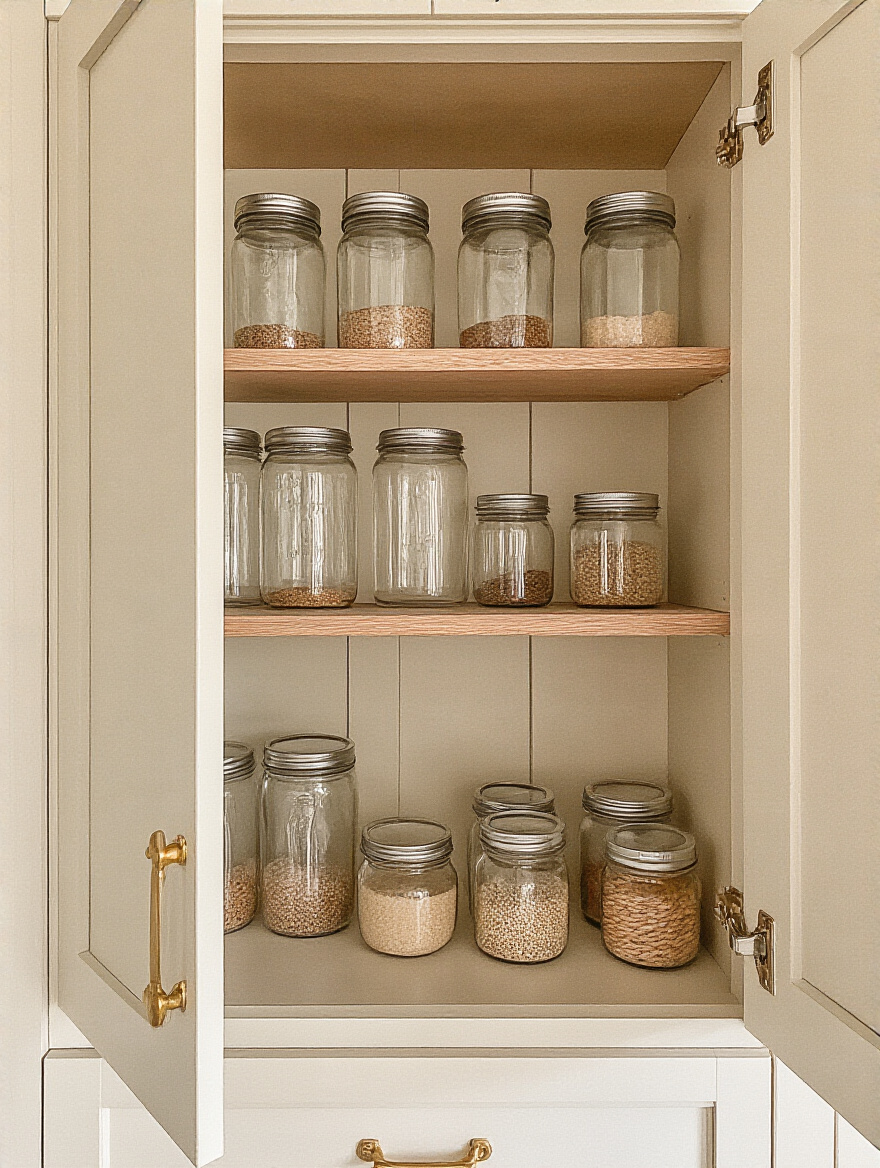Portrait of a neatly organized kitchen cabinet with a one-in, one-out workflow