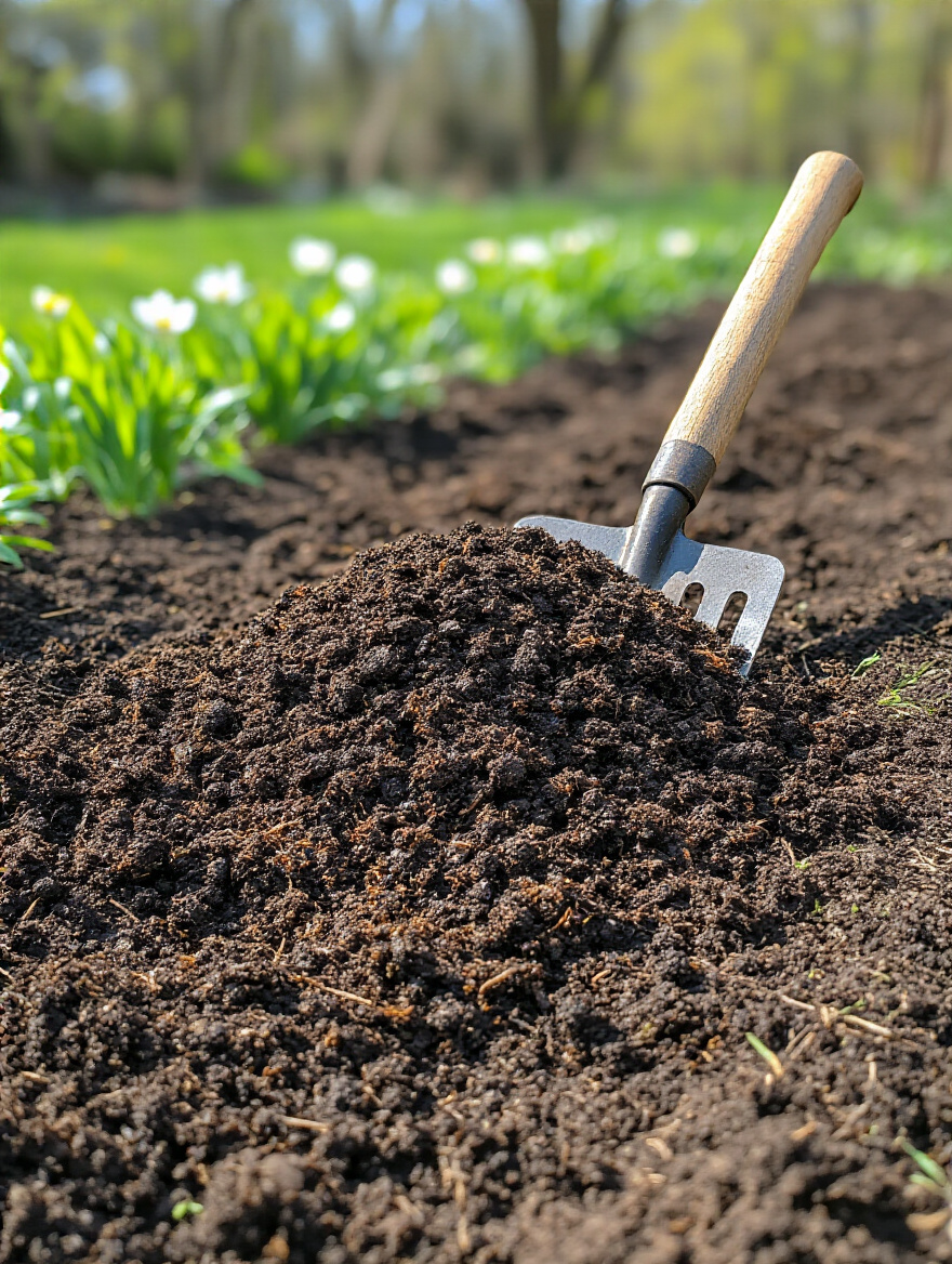Nutrient-rich compost being spread over an empty garden bed, with a broadfork resting nearby, preparing for planting.
