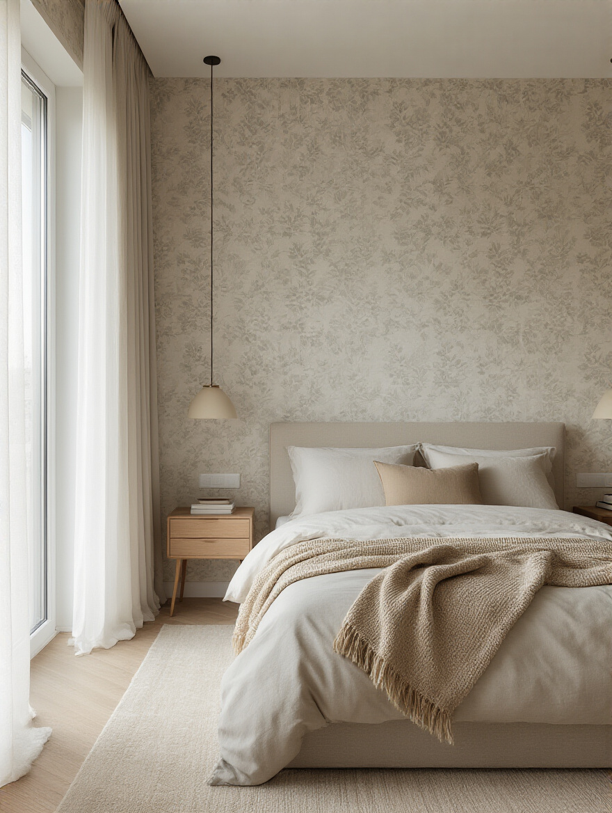 Portrait of a bedroom highlighting the wallpaper accent wall and natural light.