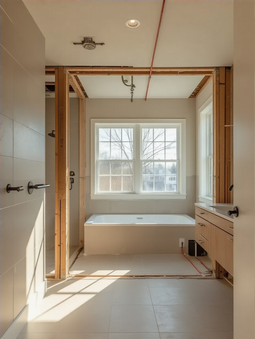 Portrait image showing exposed framing and plumbing in a bathroom during layout analysis.