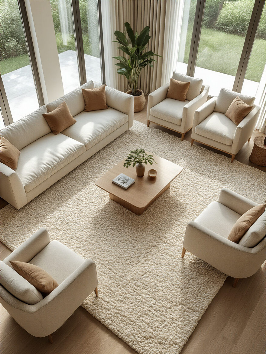 Elegant living room with a large, properly sized area rug grounding a sofa and two armchairs, creating a cohesive and inviting space.