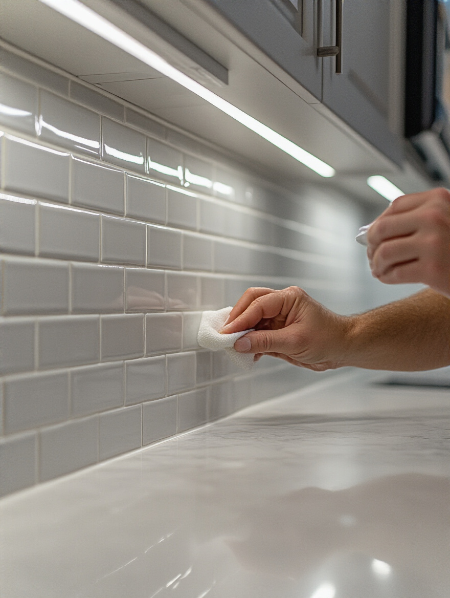 Close-up of hands applying a clear protective sealant to a clean white subway tile backsplash with grey grout in a modern kitchen, ensuring even coverage for stain prevention.