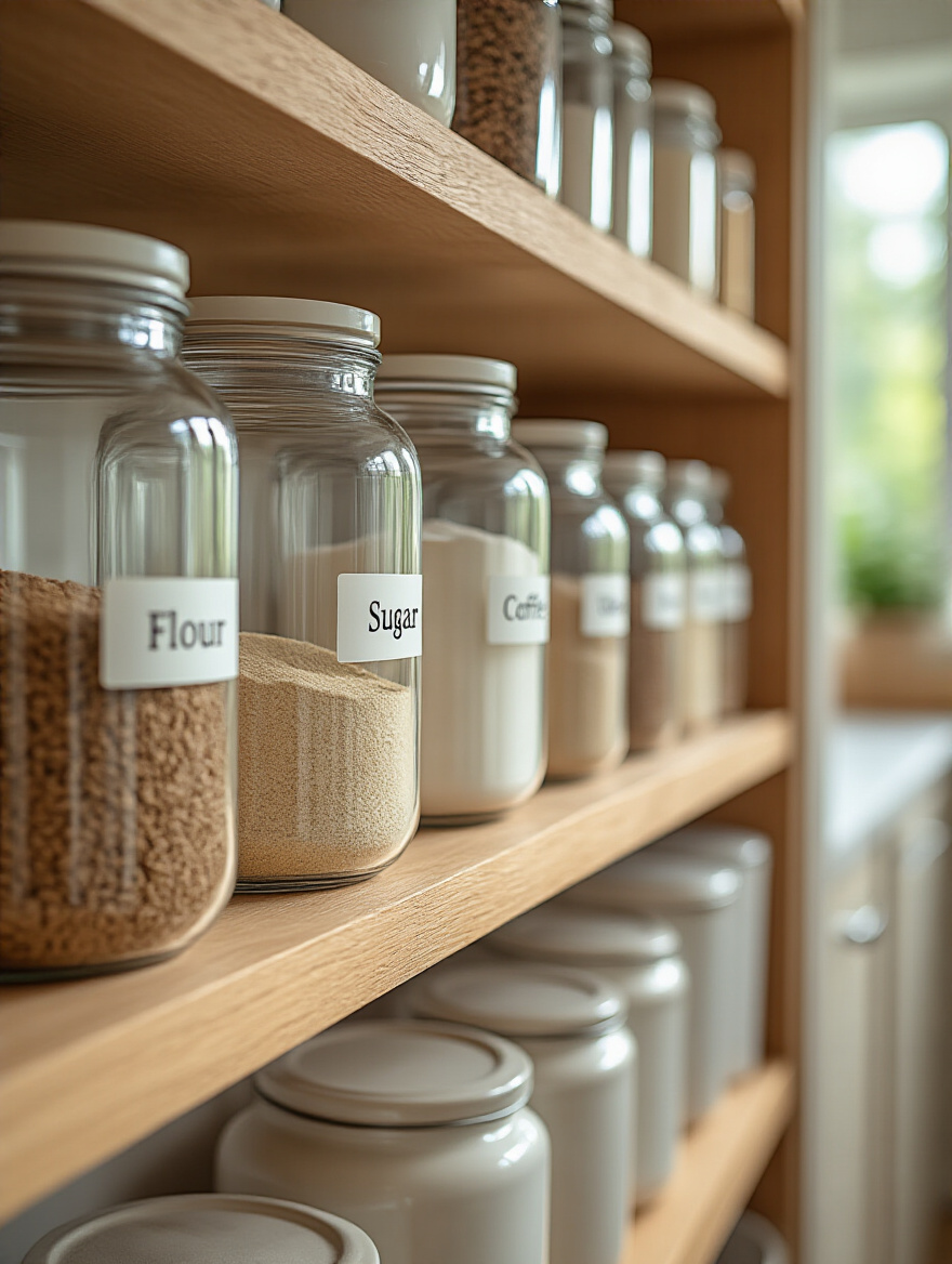 Organized kitchen pantry with clearly labeled clear glass jars of staples like flour and sugar on wooden shelves, demonstrating effective kitchen cabinet labeling for easy identification and consistent placement.
