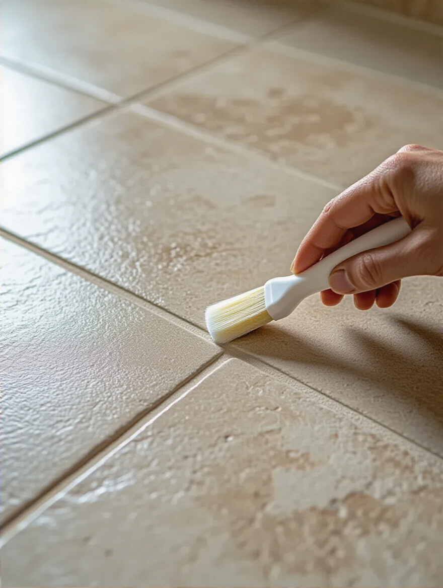 Close-up of a foam applicator applying clear sealer to a light natural stone tile bathroom floor and grout lines, showcasing essential natural stone sealing for protection.