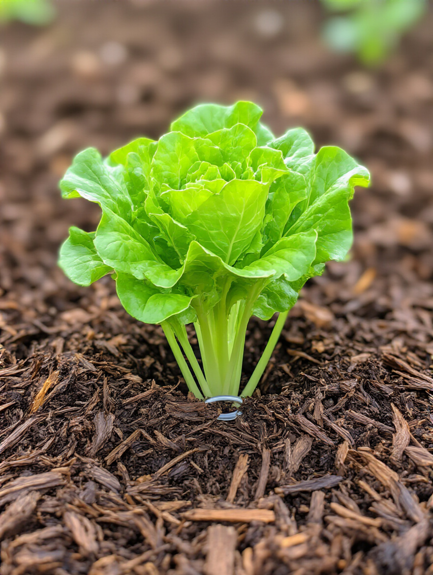 A thick layer of organic shredded bark mulch around the base of a healthy lettuce plant, demonstrating moisture conservation and weed suppression in a garden bed.