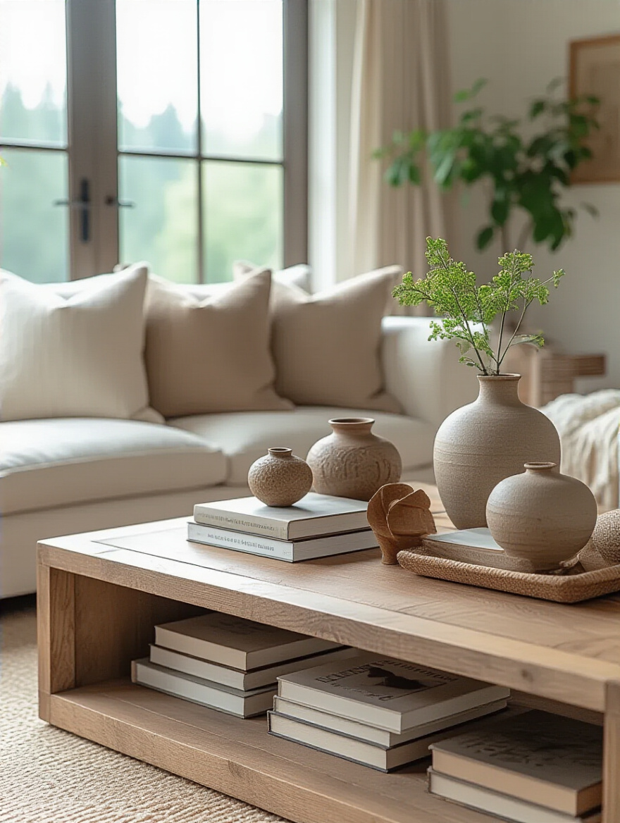 Stylish living room coffee table vignette with strategically arranged decorative objects, varying heights and textures, creating a curated display.