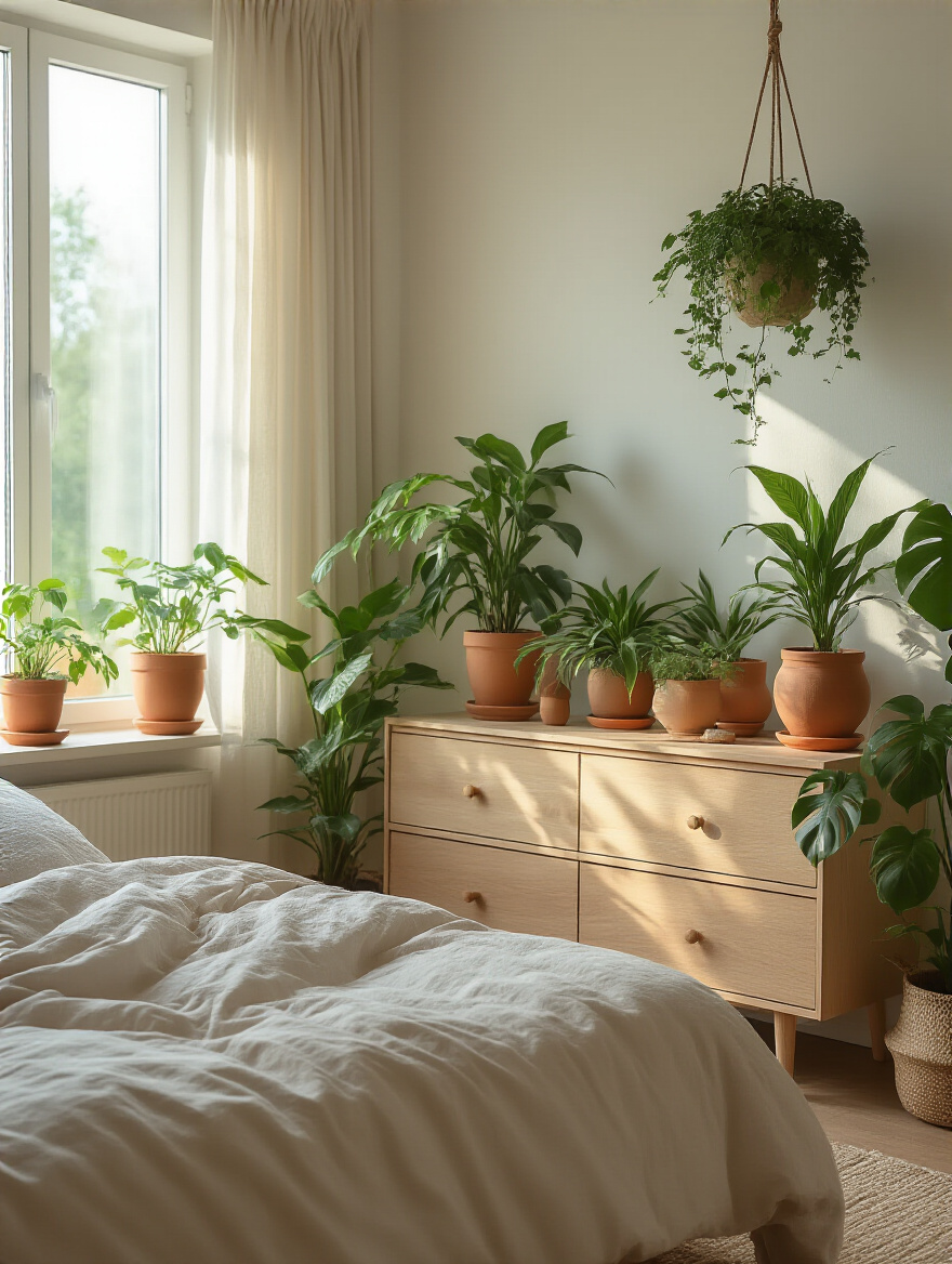 Portrait view of a cozy bedroom with a curated collection of indoor plants and warm decor