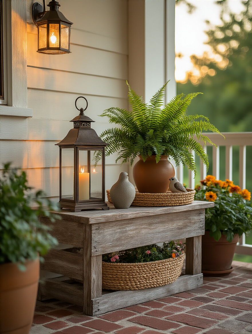 Vertical front porch vignette with lantern, fern, and decorative objects on a table