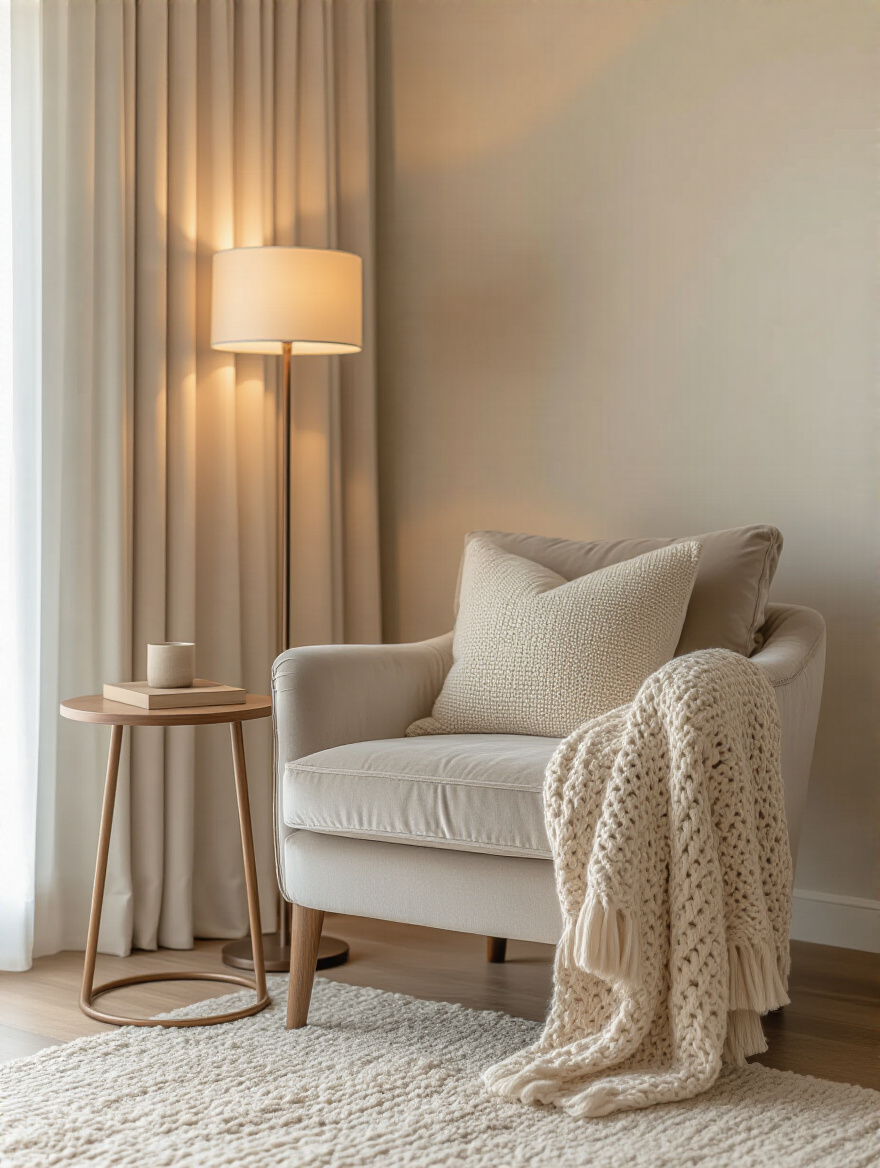 Cozy bedroom corner with an accent armchair and warm lighting