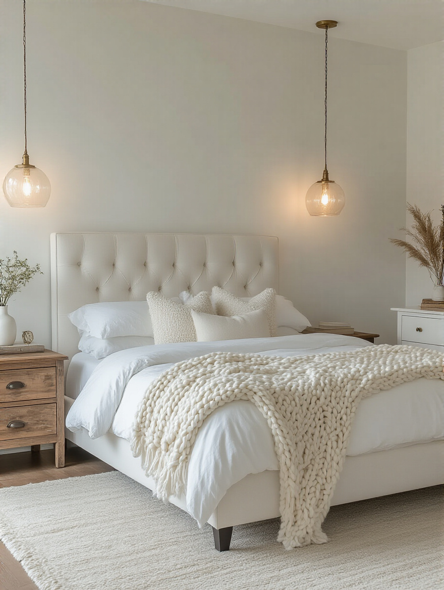 Elegant white bedroom with a white platform bed, reclaimed wood nightstand, brass pendants, and chunky knit throw, demonstrating thoughtful pairing of white furniture with complementary rustic and metallic decor elements.
