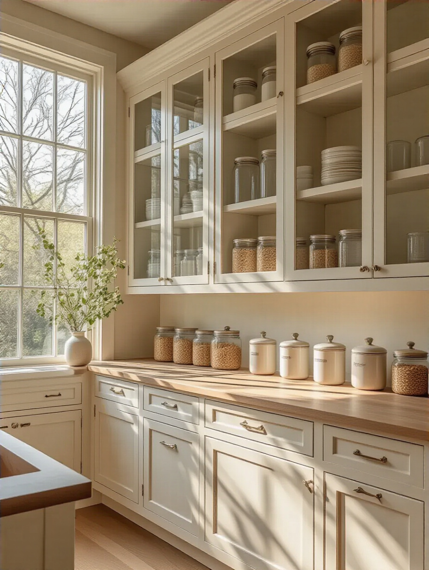 Portrait of an organized kitchen cabinet area with unlabeled jars and uniform canisters
