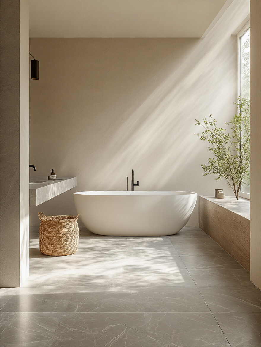 A pristine modern bathroom interior with subtle architectural lines on the floor indicating layout possibilities, representing bathroom layout optimization and space assessment.