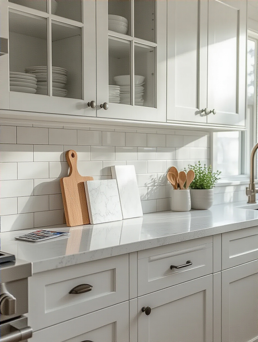 Contemporary kitchen scene with white shaker cabinets, grey quartz countertops, and various white subway tile backsplash samples. The image illustrates careful assessment for seamless aesthetic integration, featuring natural lighting and a clean design.