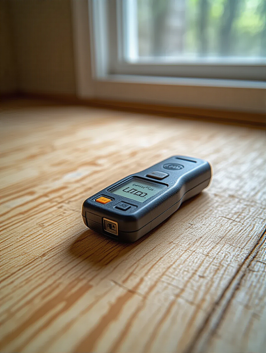Close-up of a pin-type moisture meter reading on a raw plywood bathroom subfloor during moisture assessment.