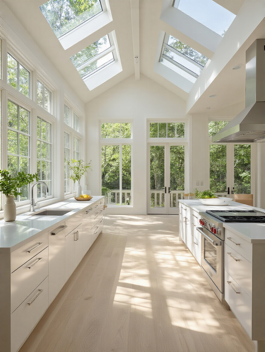 Portrait of a bright, modern kitchen with large windows and a skylight, showcasing natural daylight.