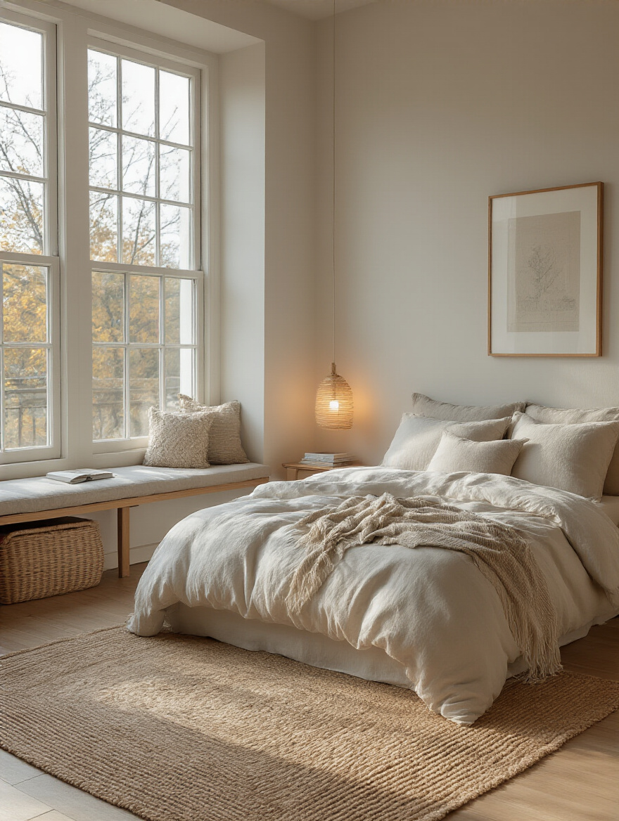 Portrait view of a well-planned cozy bedroom layout with clear pathways