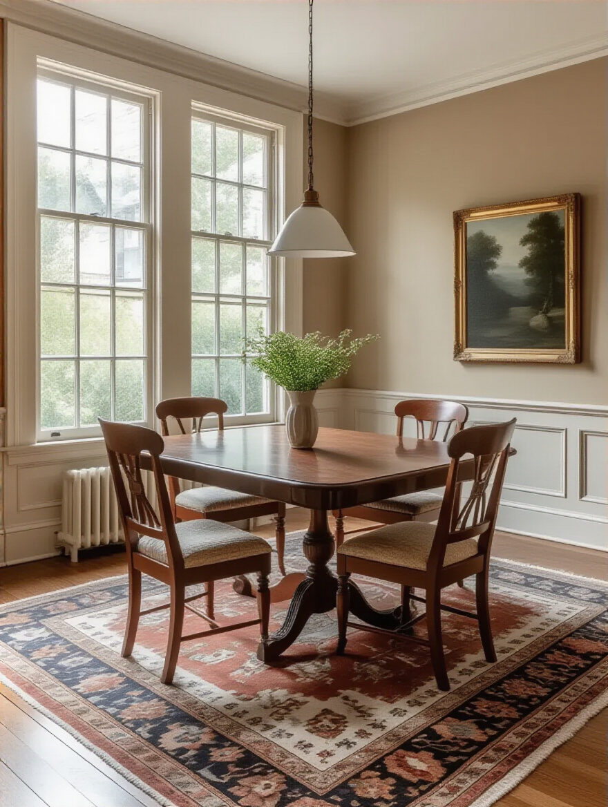 A dining room interior with a mix of appealing furniture and decor next to areas that appear dated or needing improvement, symbolizing a pre-renovation assessment.