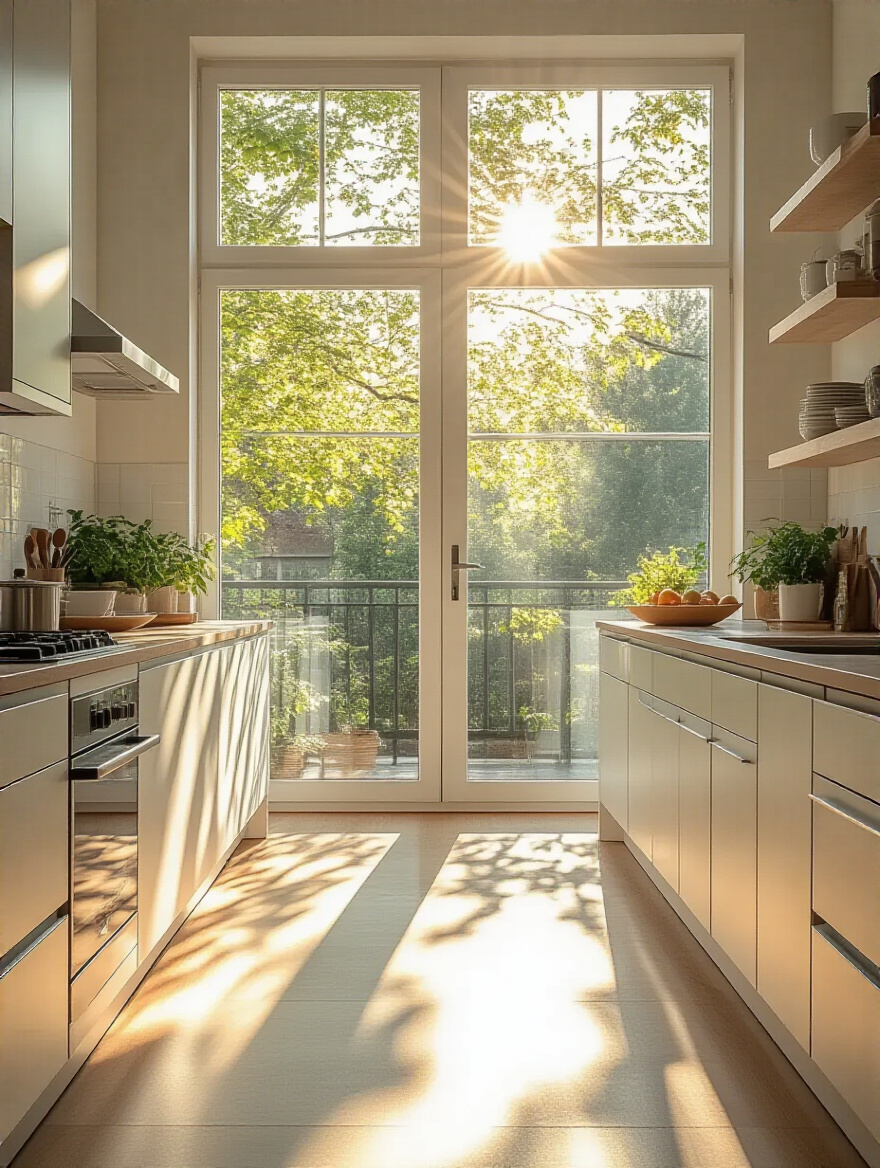 Modern kitchen interior design showing how natural light impacts appliance placement zones.