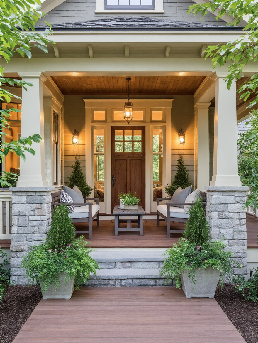 Portrait view of a front porch showing cohesive layout and architectural style