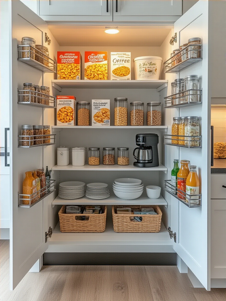 Open kitchen pantry cabinet with daily essentials like cereals and coffee at eye-level, organized for easy access and efficiency.