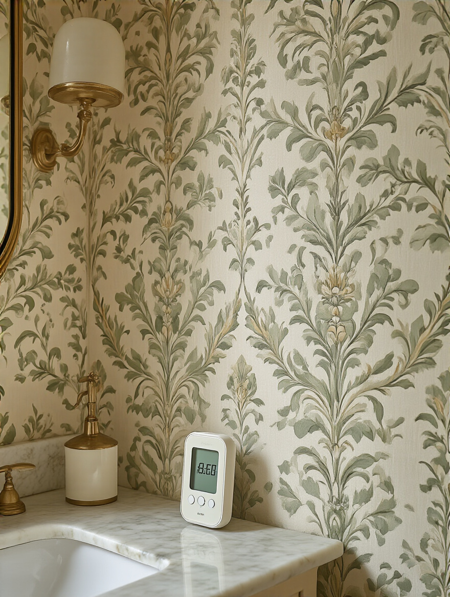 Vertical view of a vintage bathroom with ornate wallpaper and a hygrometer monitoring humidity
