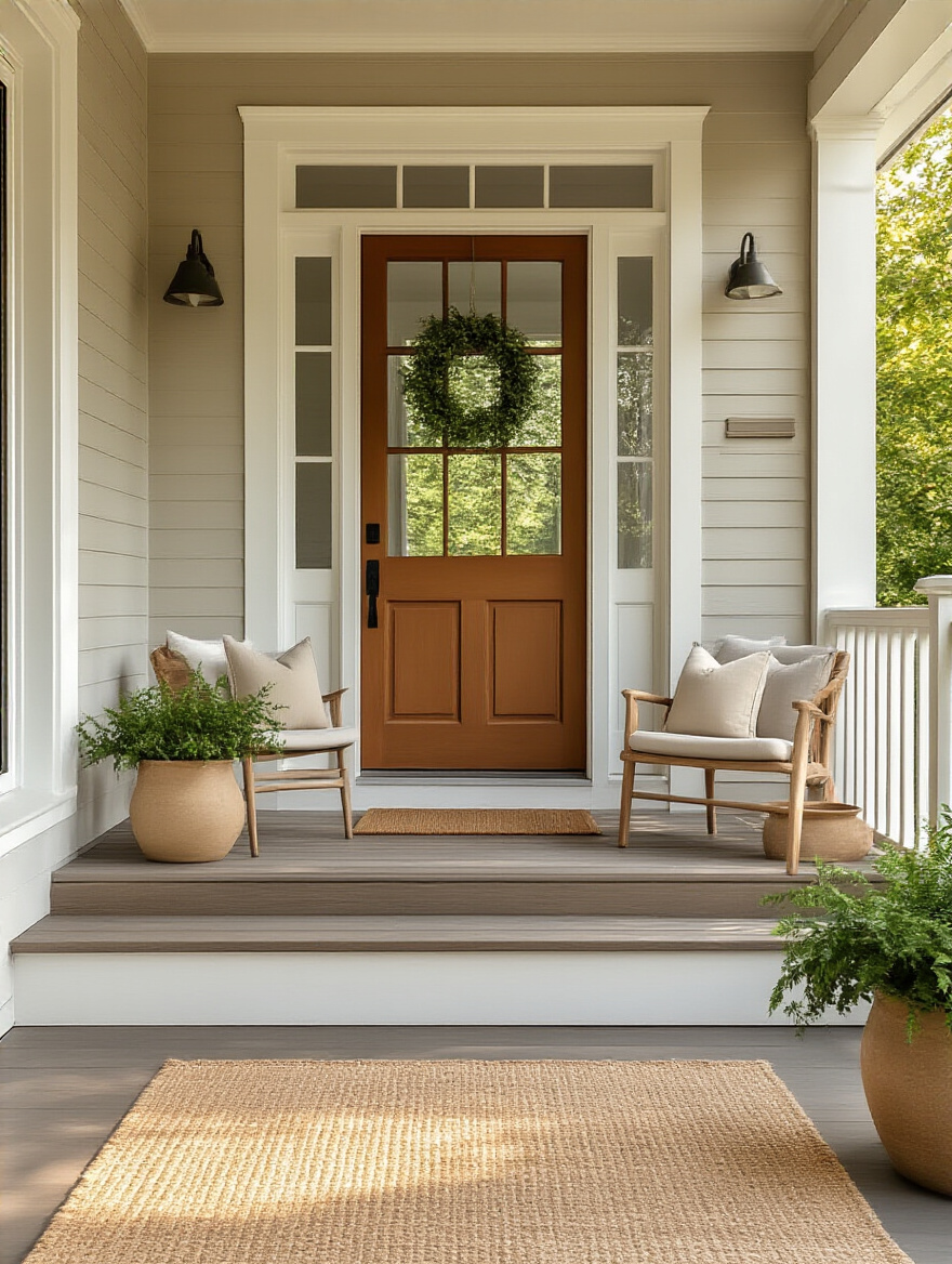 Vertical portrait of a cohesive front porch with balanced decor and a focal door