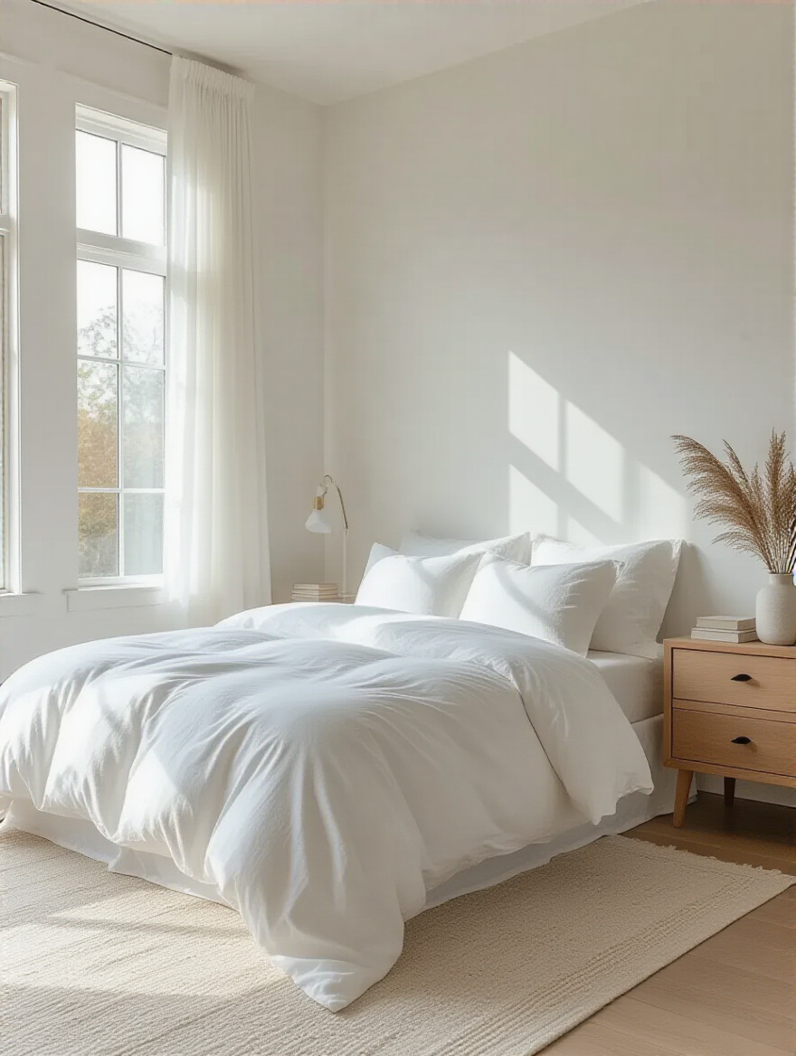 Vertical shot of a pristine white bedroom interior with natural daylight