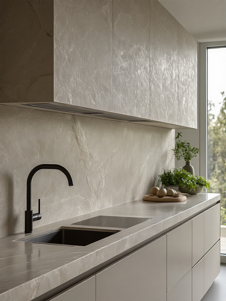 Modern kitchen with seamless light quartz countertop and full-height matching backsplash, integrated sink, contemporary design.