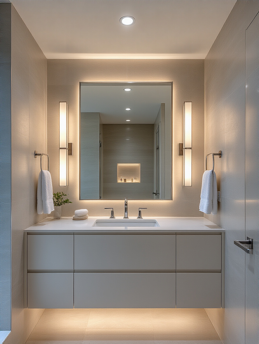 A modern bathroom featuring strategic layered lighting, including vertical LED vanity sconces, recessed ceiling lights, and an accent light in a shower niche, enhancing both task utility and a relaxing ambiance.