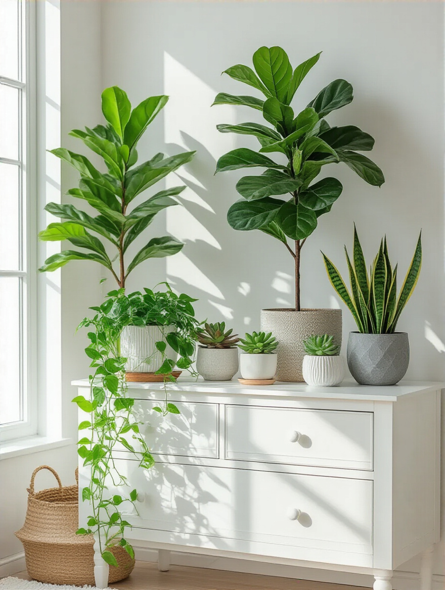 A serene white bedroom featuring a white dresser styled with a variety of live green plants including Pothos, succulents, Snake Plant, and a Fiddle Leaf Fig in decorative pots, creating a fresh, natural aesthetic.
