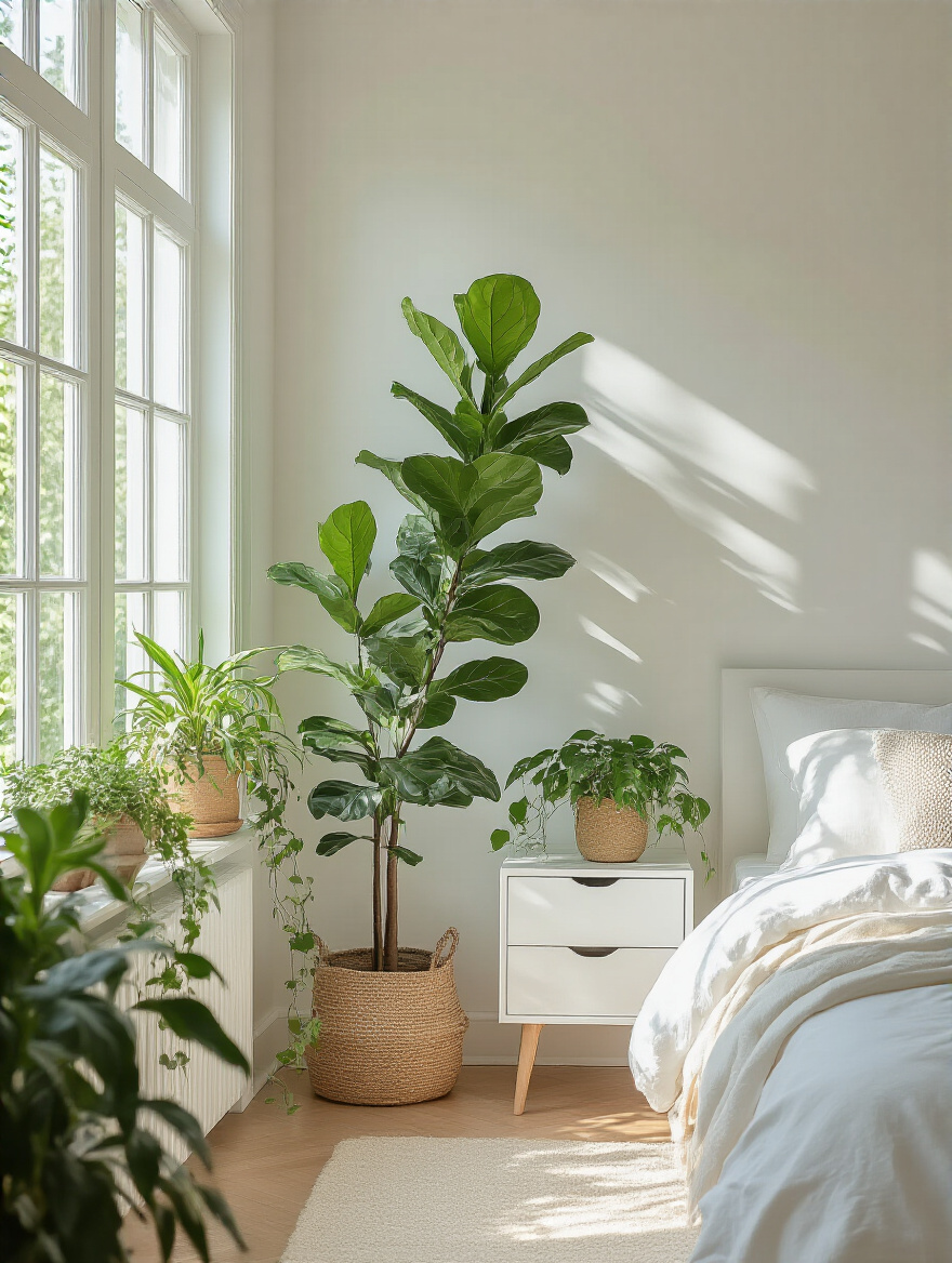 White bedroom accented with tall and trailing indoor plants arranged as living sculptures