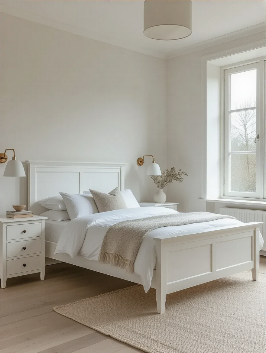 Modern white bedroom with elegant bed, dresser, and nightstands, reflecting quality and smart budgeting.