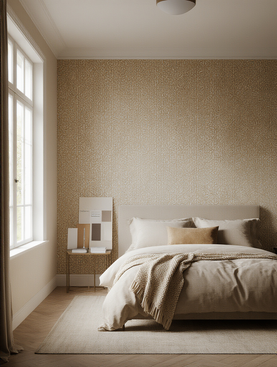 Bedroom accent wall with textured wallpaper and swatch samples